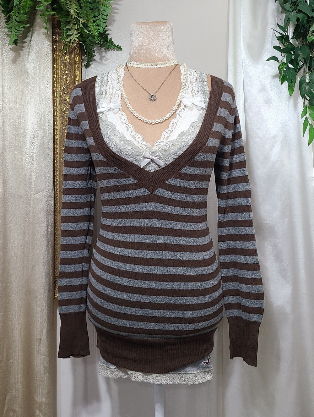 ♡ Y2K ♡ Aeropostale Brown Grey Striped Babydoll Sweater Bella Swan Style Top